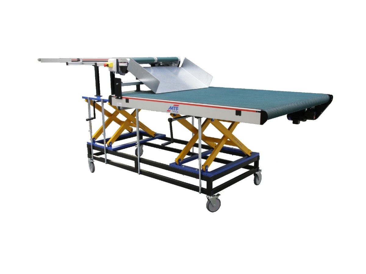Conveyor system with scissor lift and transfer chute as a height-adjustable conveyor system for punched parts