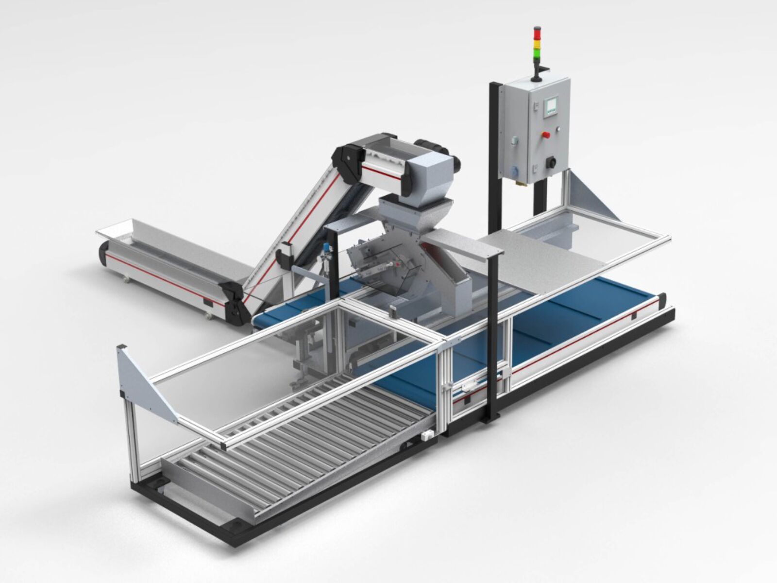 Linear buffer with angled conveyor belt and roller conveyor, incl. 3-way reject chute for QA for dispensing plastic parts into containers