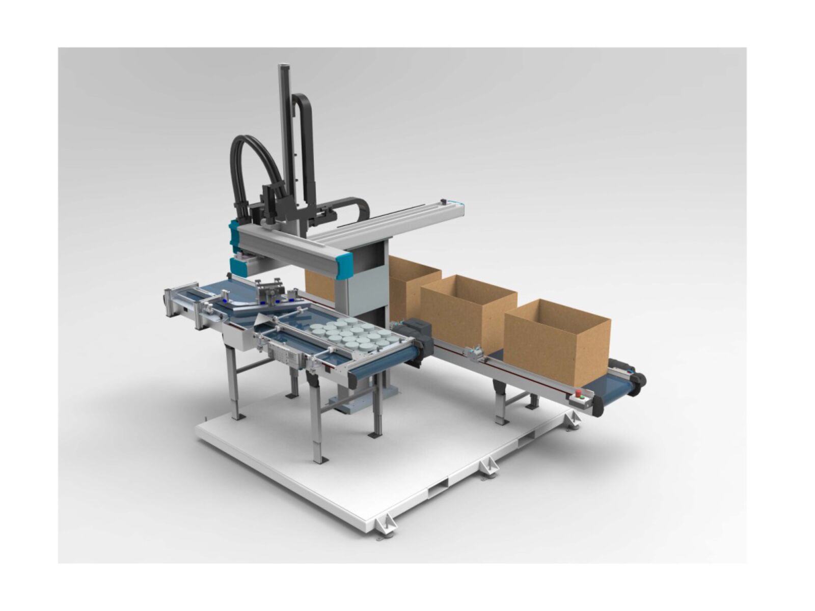 Feeding conveyor with accumulation and discharge device and buffer conveyor for feeding different caps to a packing robot