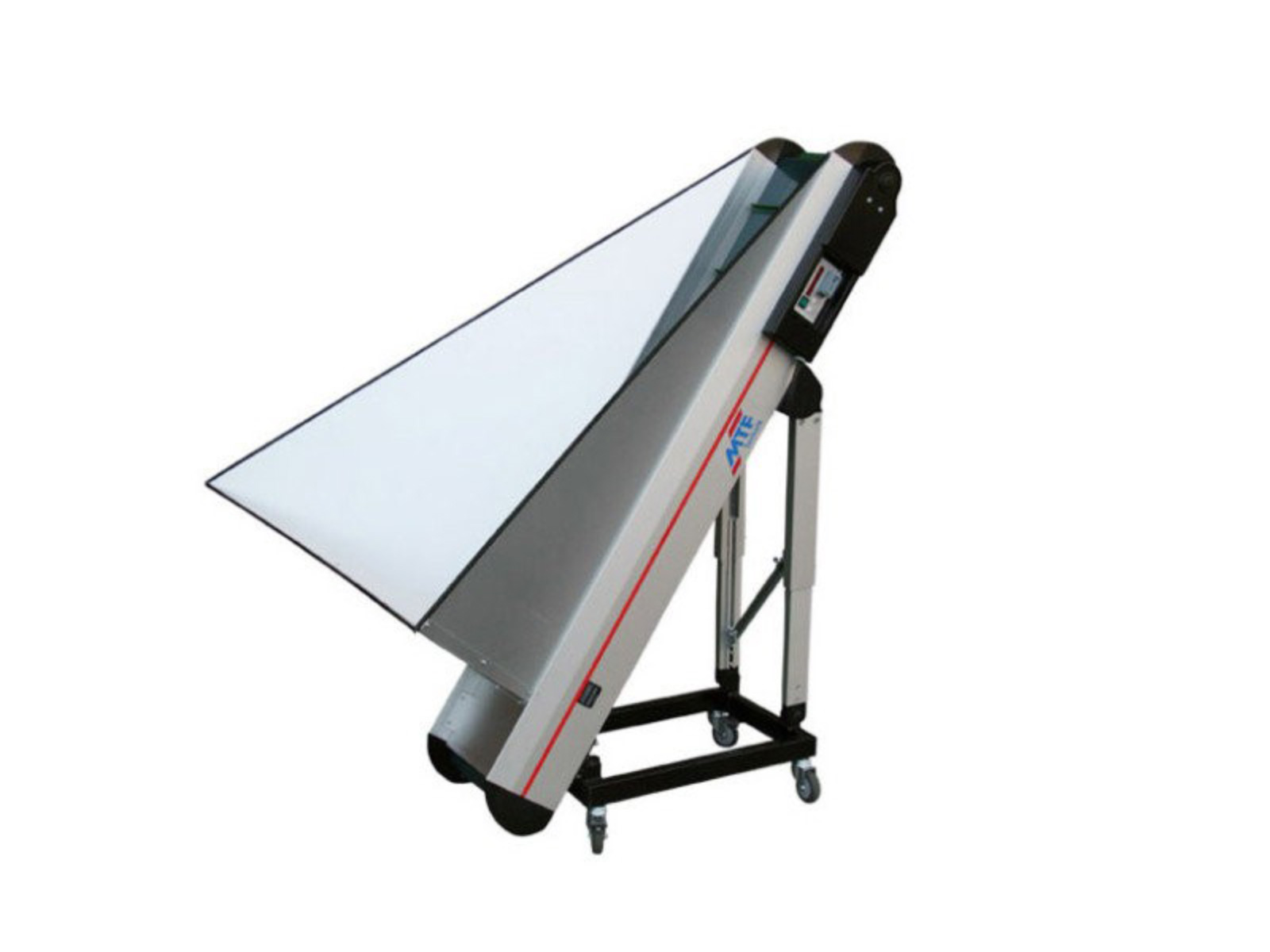 Straight belt conveyor GLD-LD 070 with large feed hopper, blue cleated belt, and mobile base frame