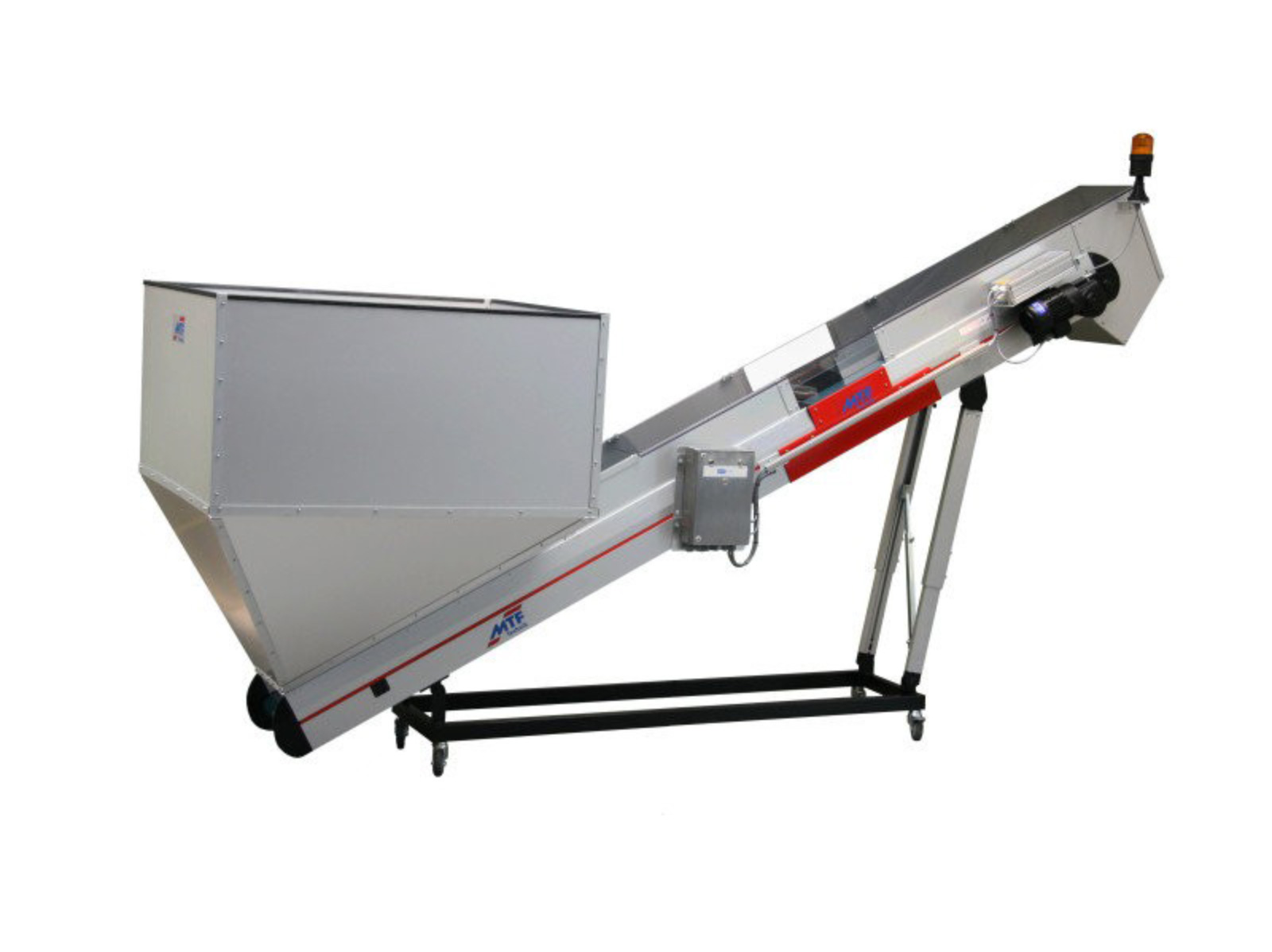 Straight belt conveyor GL-LD 070 with large feed hopper and transfer hood with mobile base frame