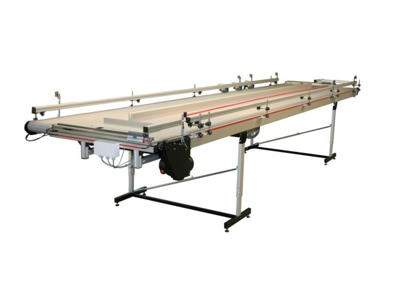 Parallel buffer with two GL-HM 010 belt conveyors with double-sided cross-shift mechanism and gray, smooth belt