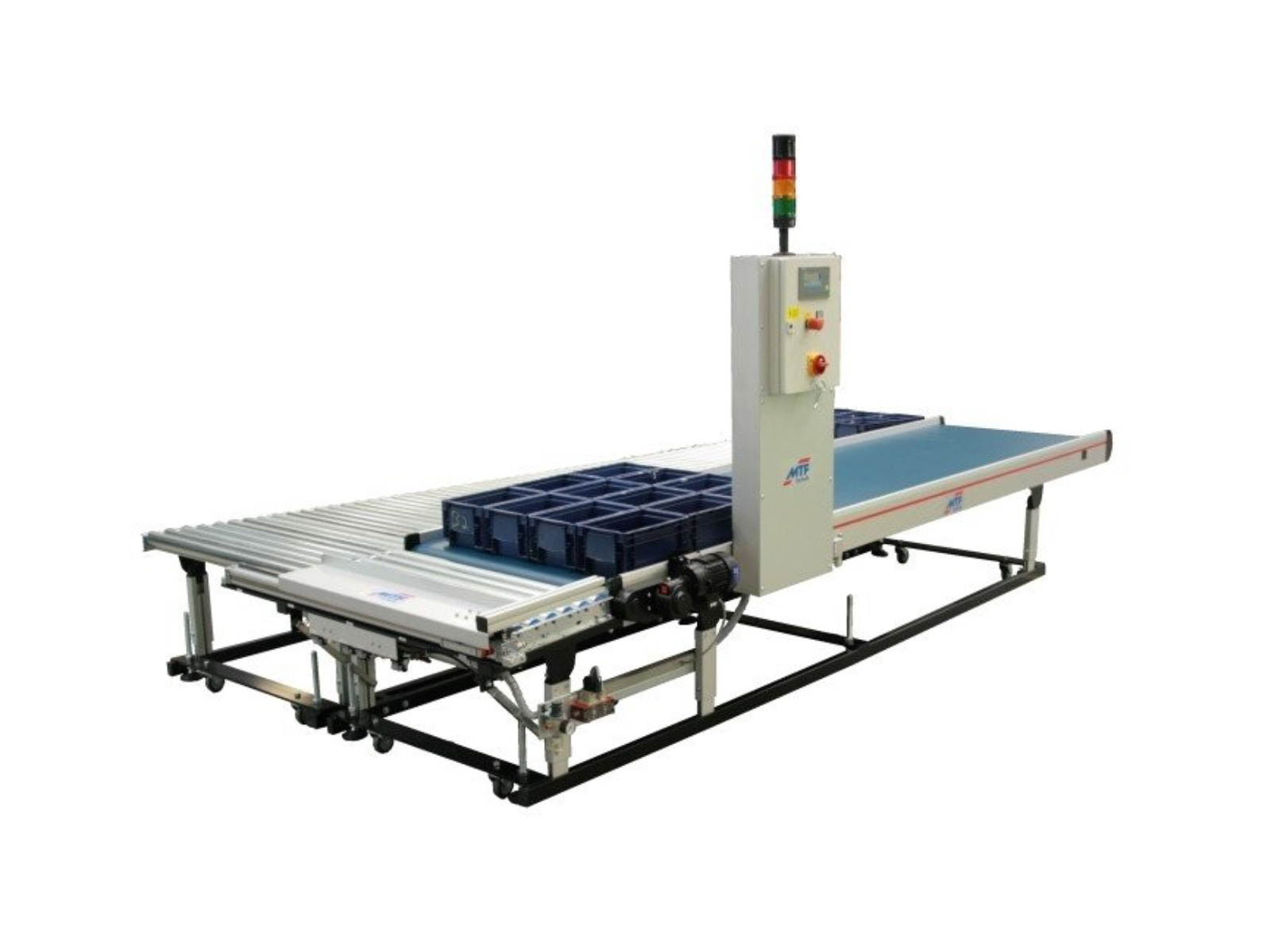 GL-LD special belt conveyor with cross-shift buffer for various container sizes and roller conveyor with galvanized steel rollers and petrol-colored, smooth belt