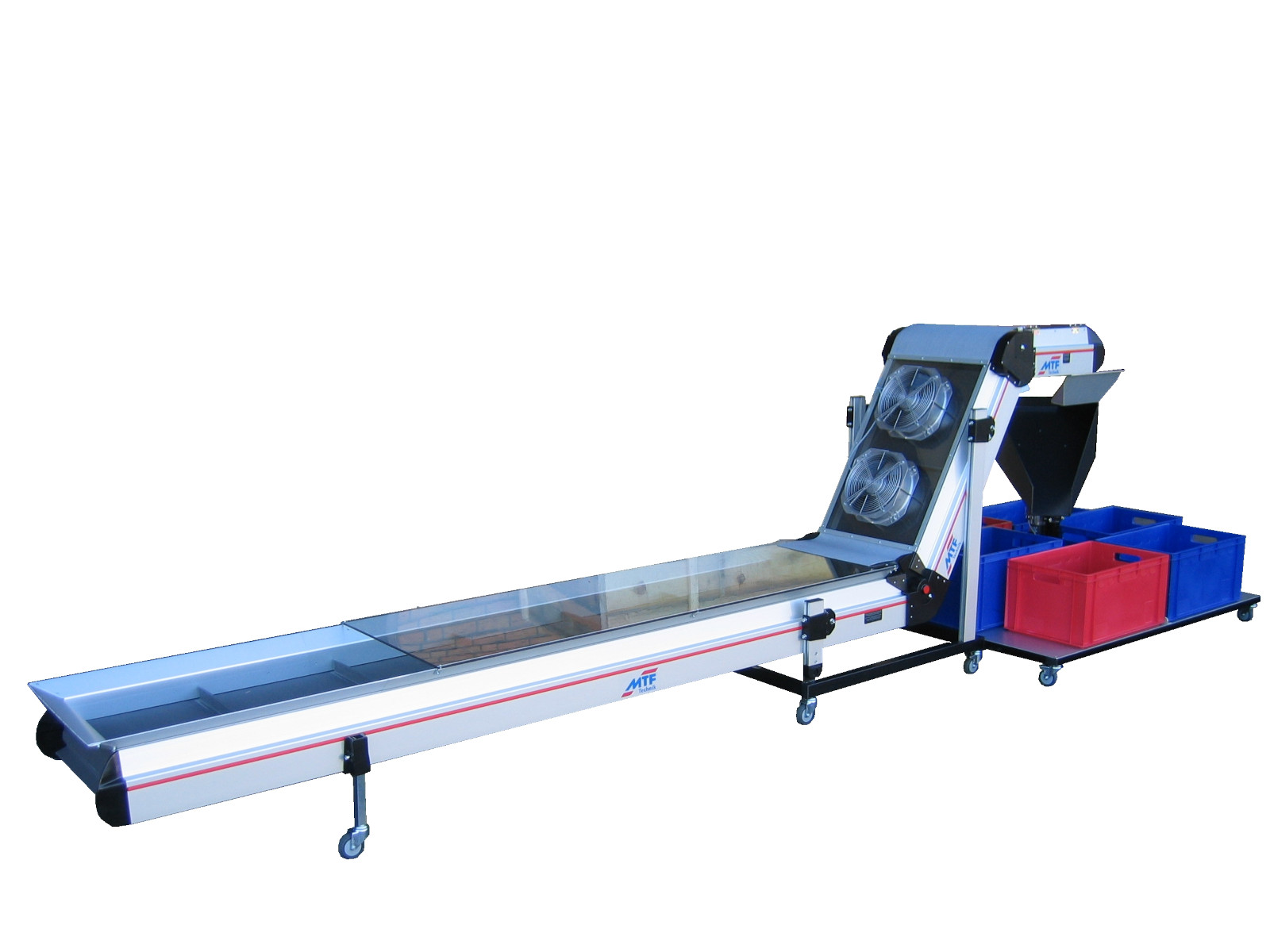 Winkelförderer ZL-LD 120 mit Lüftern, Multi-Rounder Drehverteiler, grauem Stollengurt und fahrbarem Untergestell