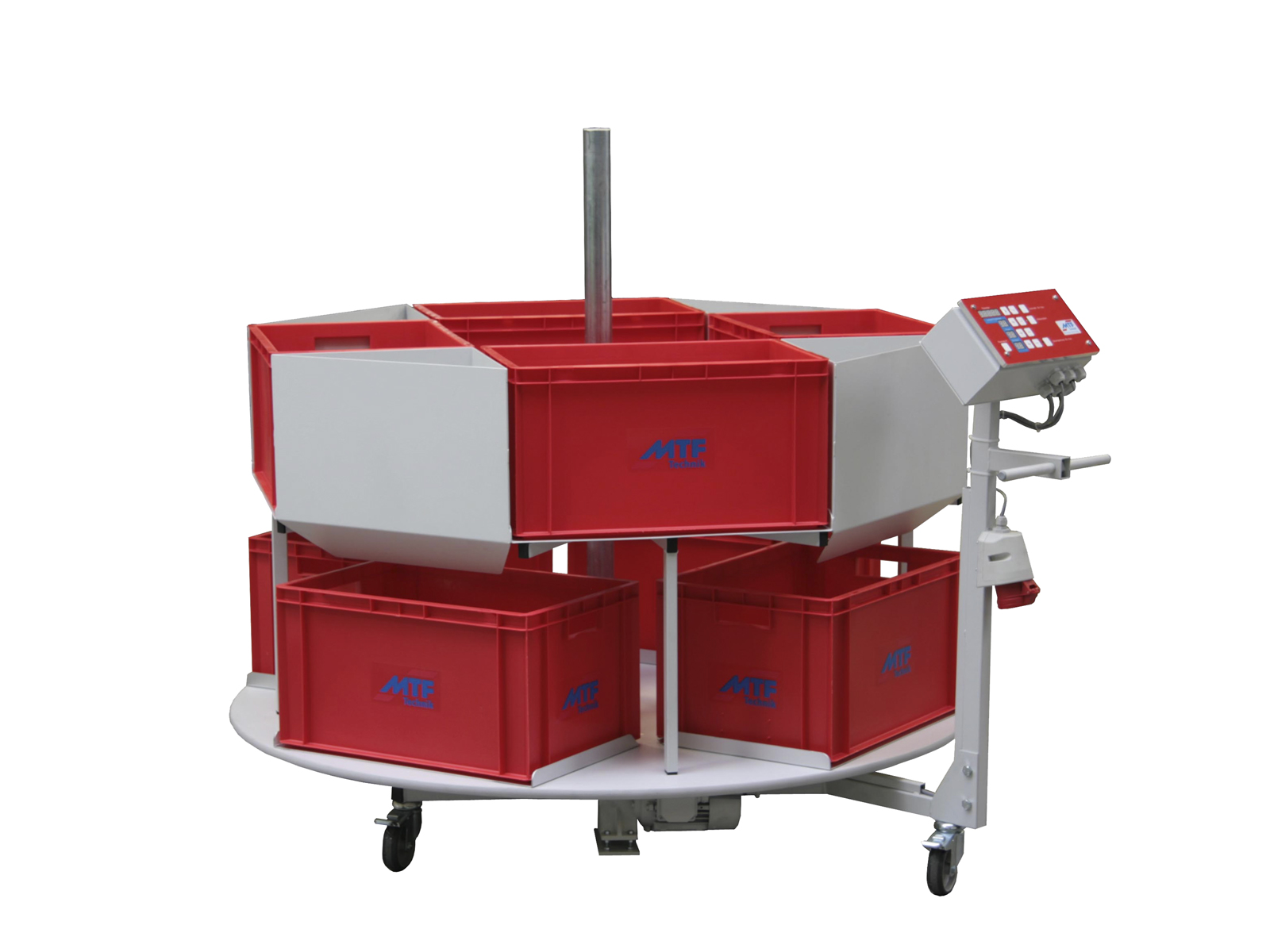 AUA 202 for filling crates with 2 levels, control system and mobile base frame