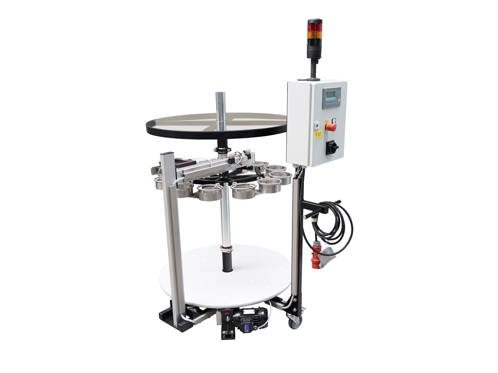 Carousel storage station with round bag holders, a frame-mounted light barrier, dust cover, and mobile base frame