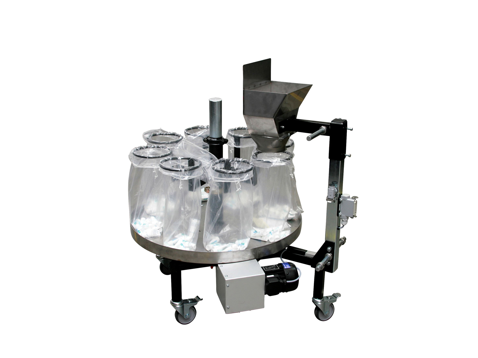 Carousel storage station with round bag holders and a filling chute for cleanrooms