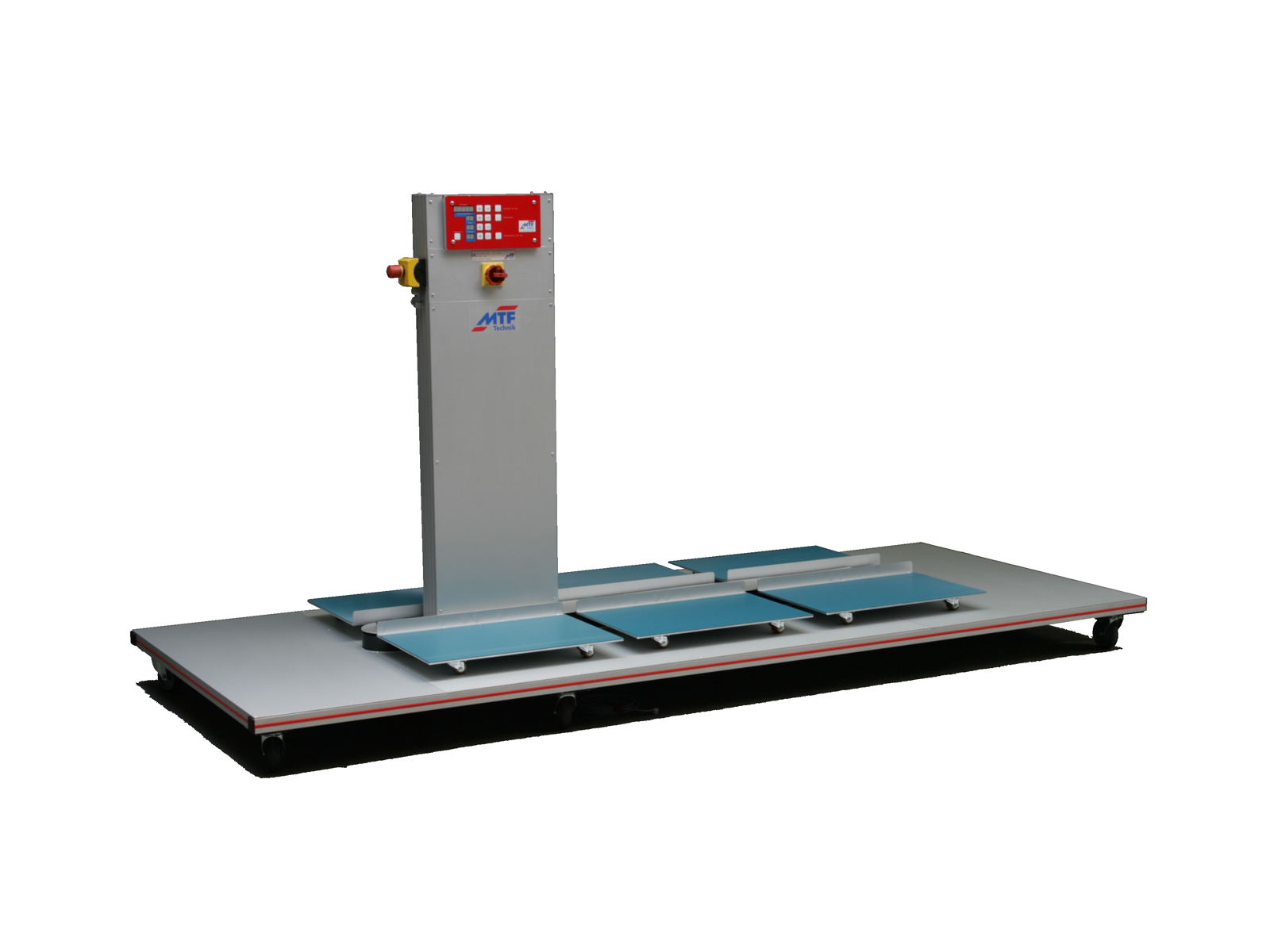 Multi-Linea circulation buffer with 6 petrol-colored stations, control system, and mobile base frame