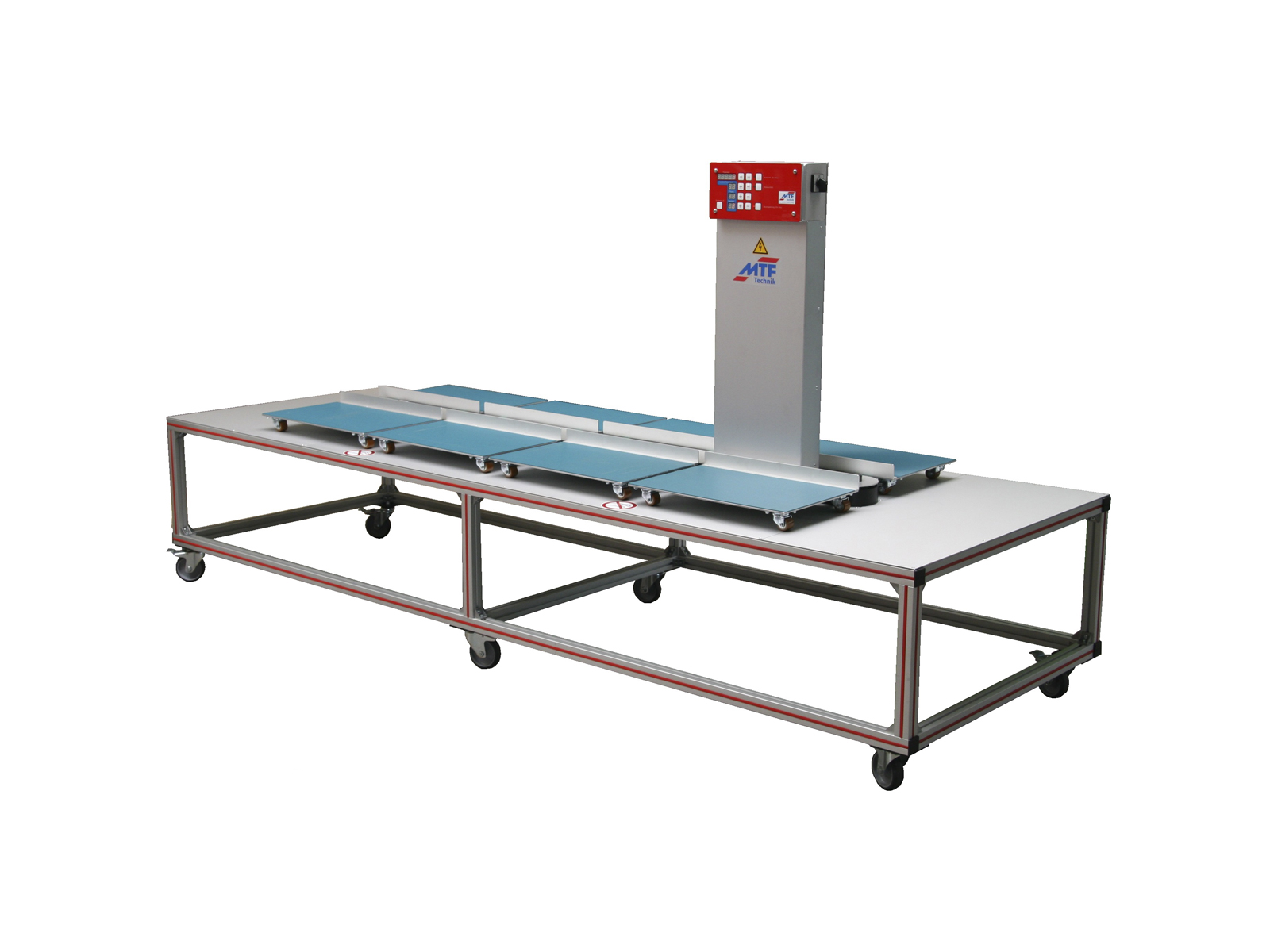 Multi-Linea circulation buffer with 8 petrol-colored stations, control system, and mobile base frame
