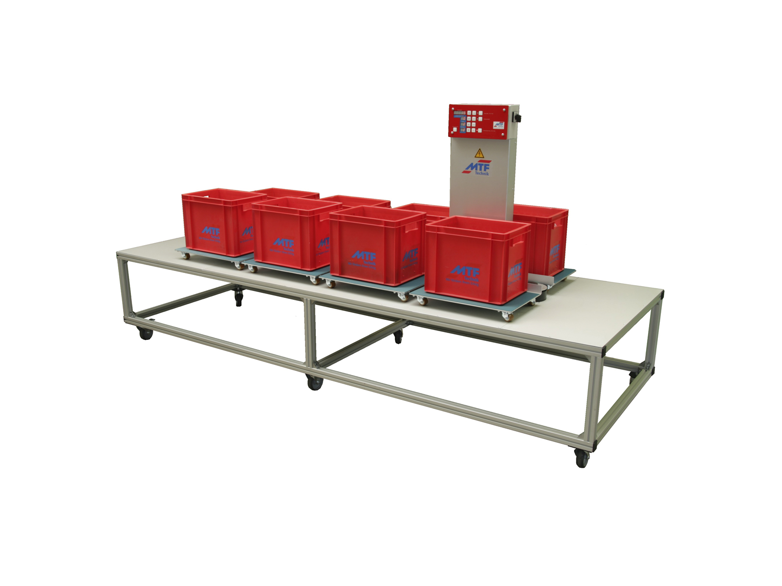 Multi-Linea circulation buffer with 8 petrol-colored stations with boxes, control system, and mobile base frame