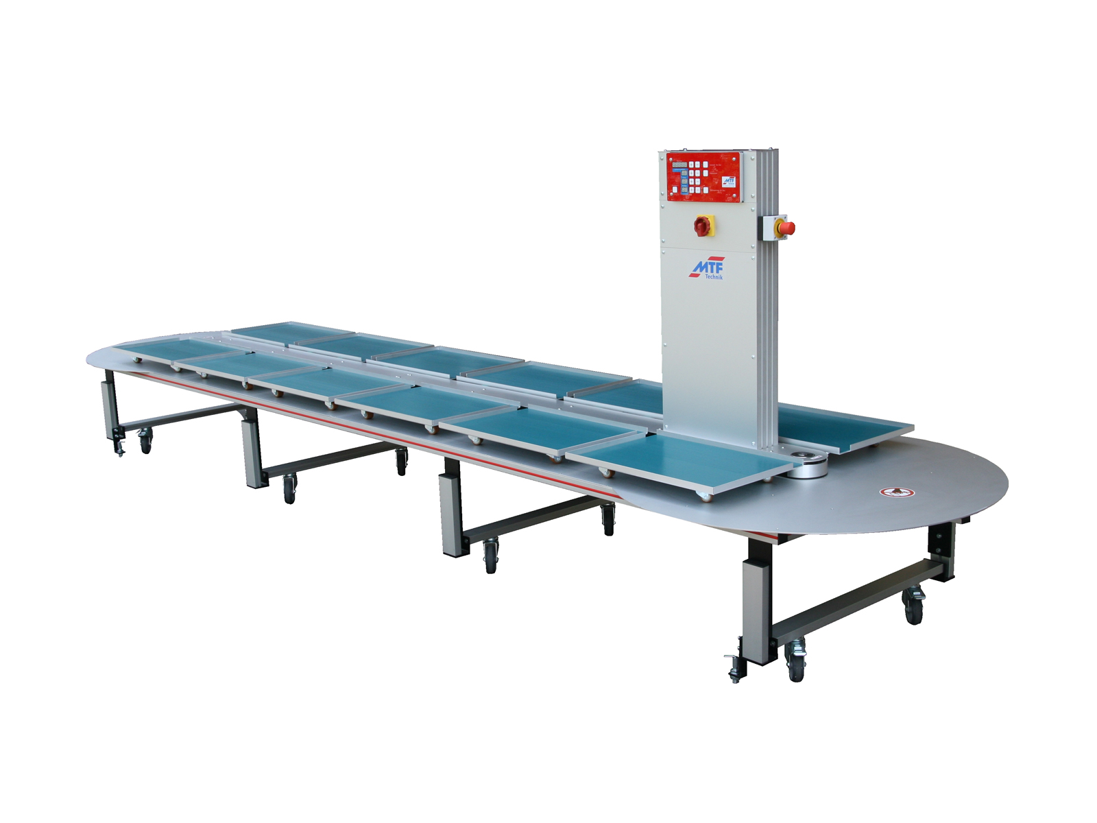Multi-Linea circulation buffer with 12 petrol-colored stations on a slimmed-down circulation plate, control system, and mobile base frame