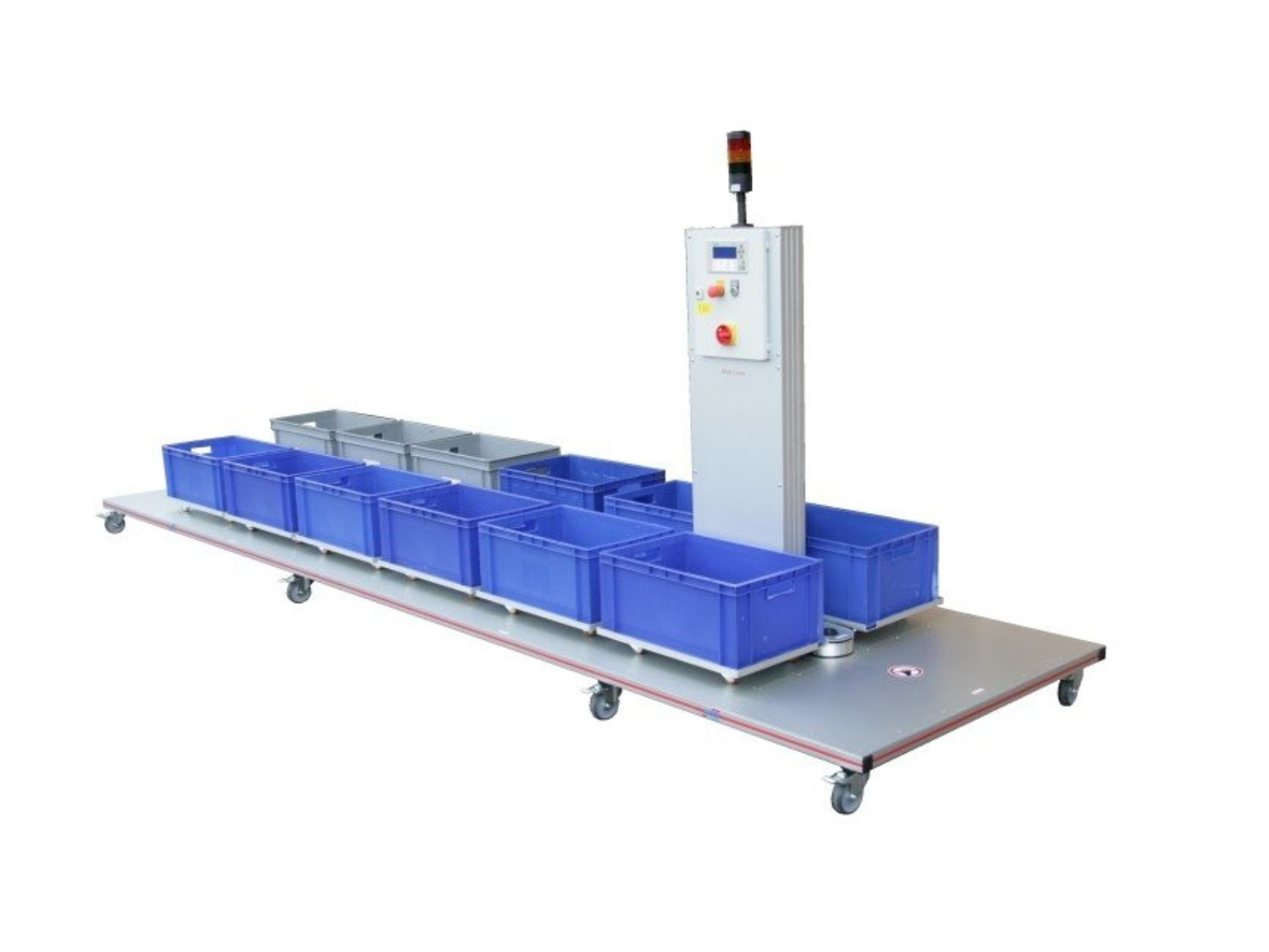 Multi-Linea circulation buffer with 12 white stations with boxes, Siemens S7 control system, and mobile base frame