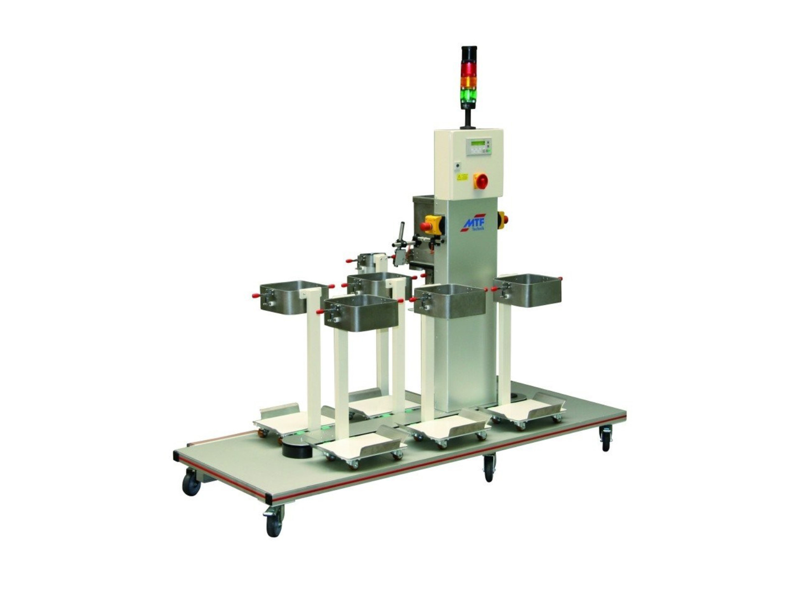 Multi-Linea circulation buffer with 6 special stations for plastic bags, Simens S7 control system in clean room design, safety package, and mobile base frame