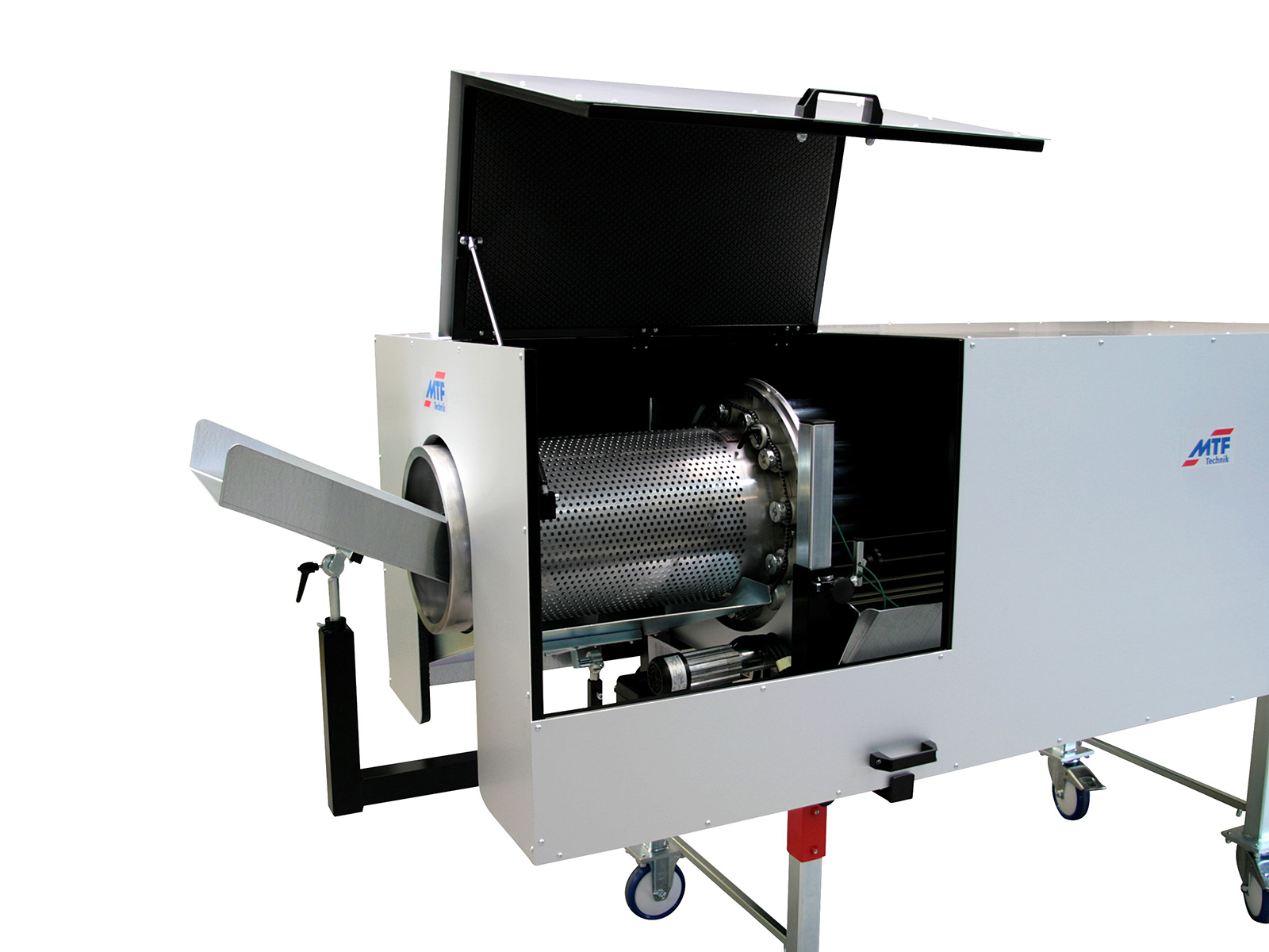 PZ 3512 B separating drum with perforated cage inlet ring, soundproofing hood, and mobile base frame