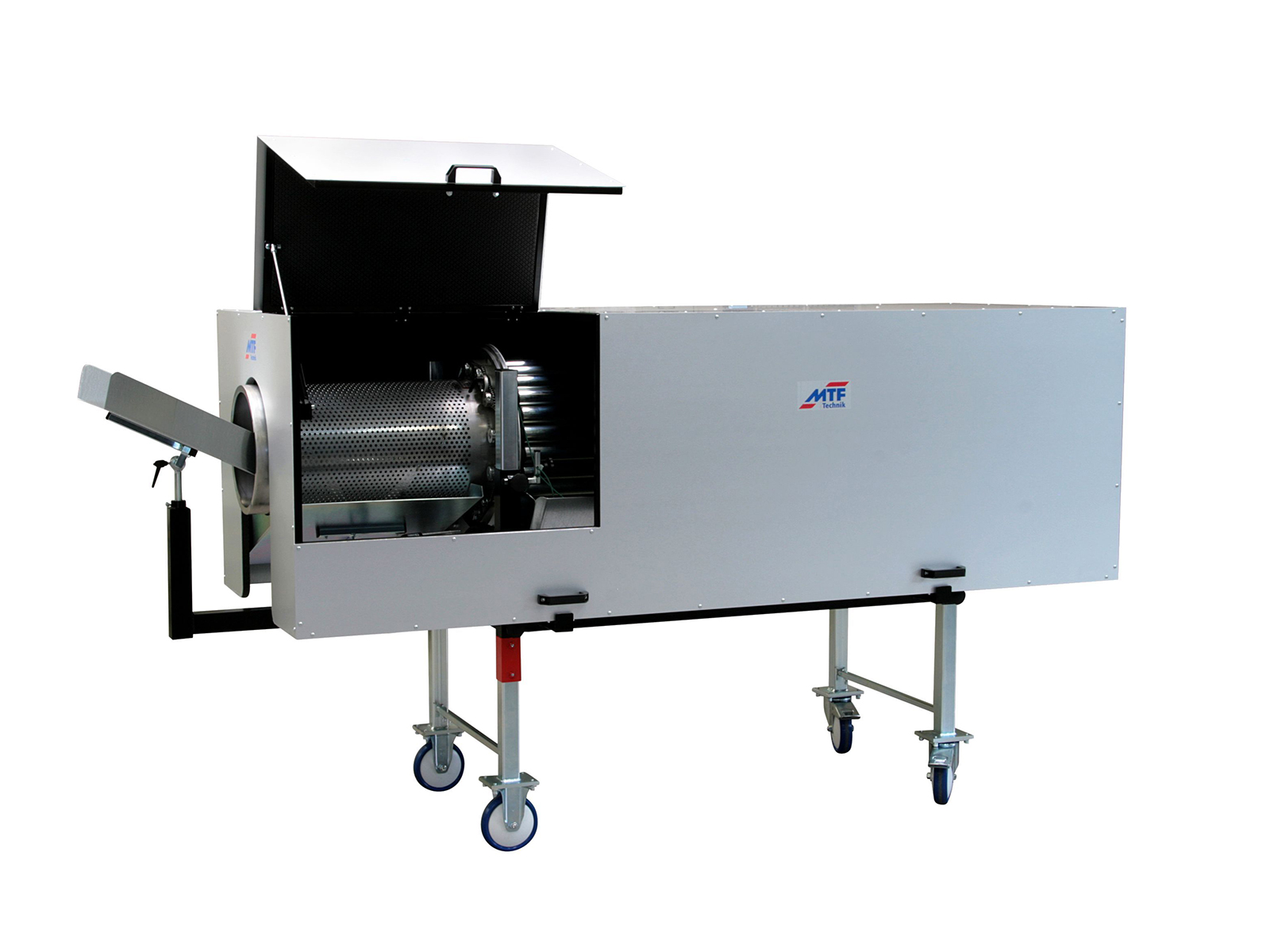 PZ 3512 B separating drum with perforated cage inlet ring, soundproofing hood, and mobile base frame